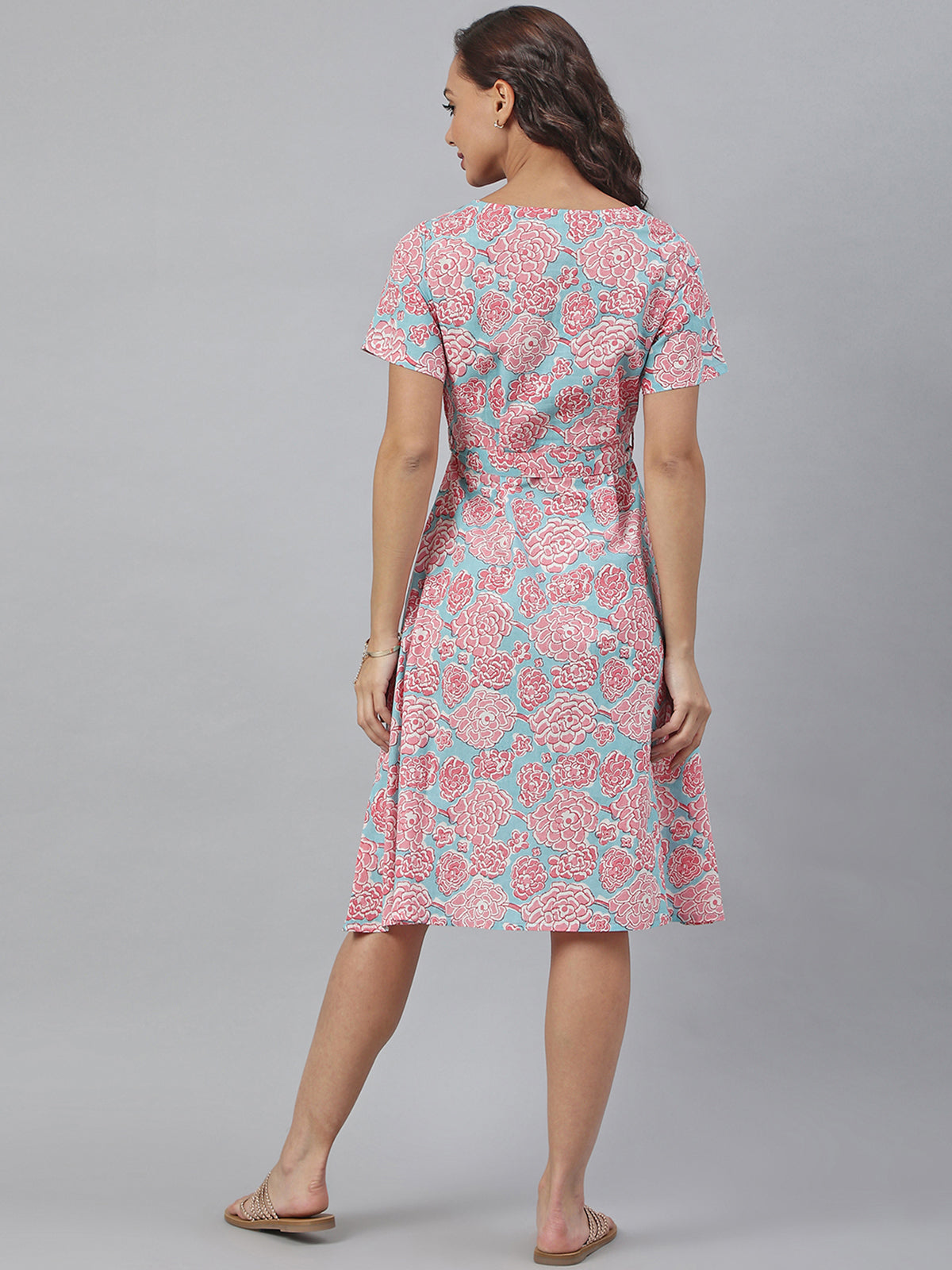Pink-Blue Cotton Floral A-line Western Dress - SuratHausBerlin 