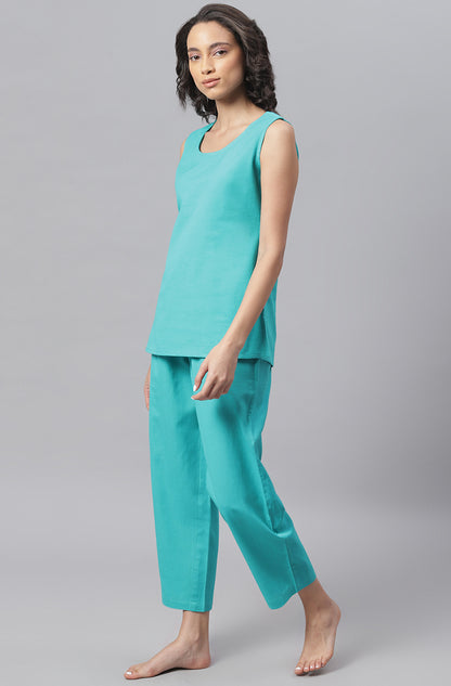 Turquoise Sleeveless Night suit- Cotton flex - SuratHausBerlin 