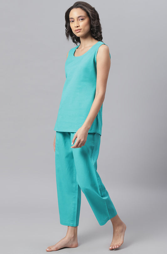 Turquoise Sleeveless Night suit- Cotton flex - SuratHausBerlin 