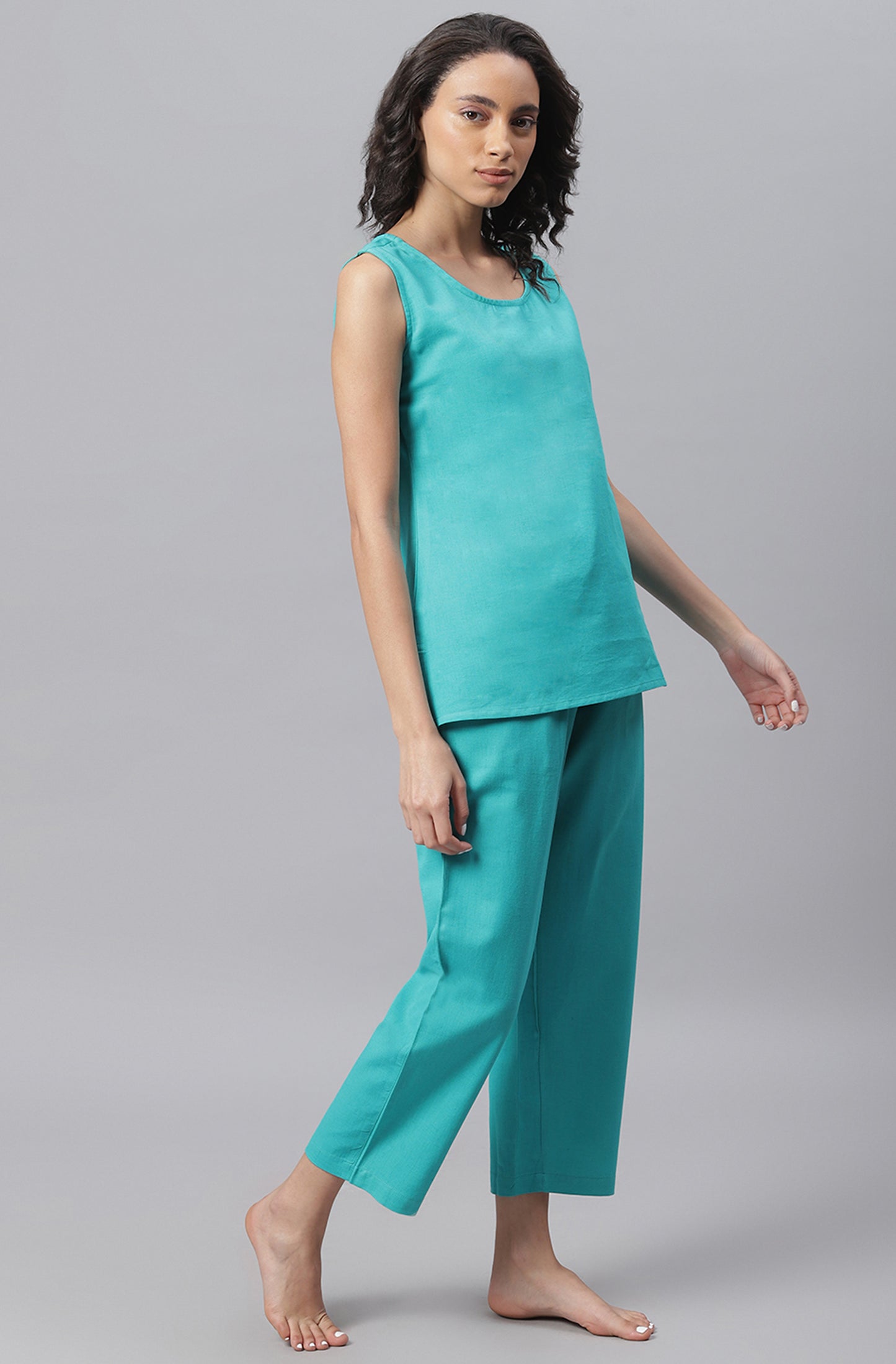 Turquoise Sleeveless Night suit- Cotton flex - SuratHausBerlin 