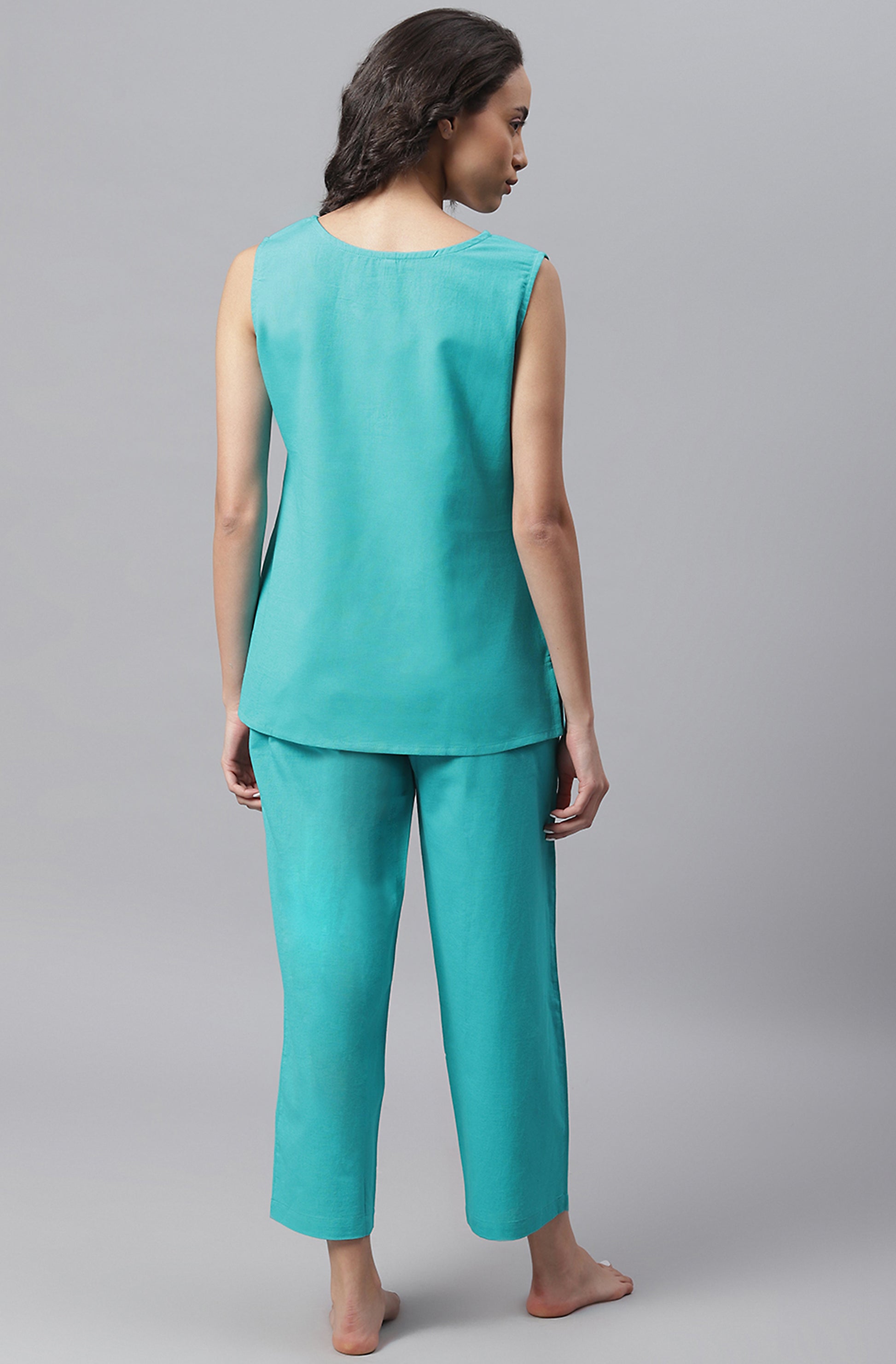 Turquoise Sleeveless Night suit- Cotton flex - SuratHausBerlin 