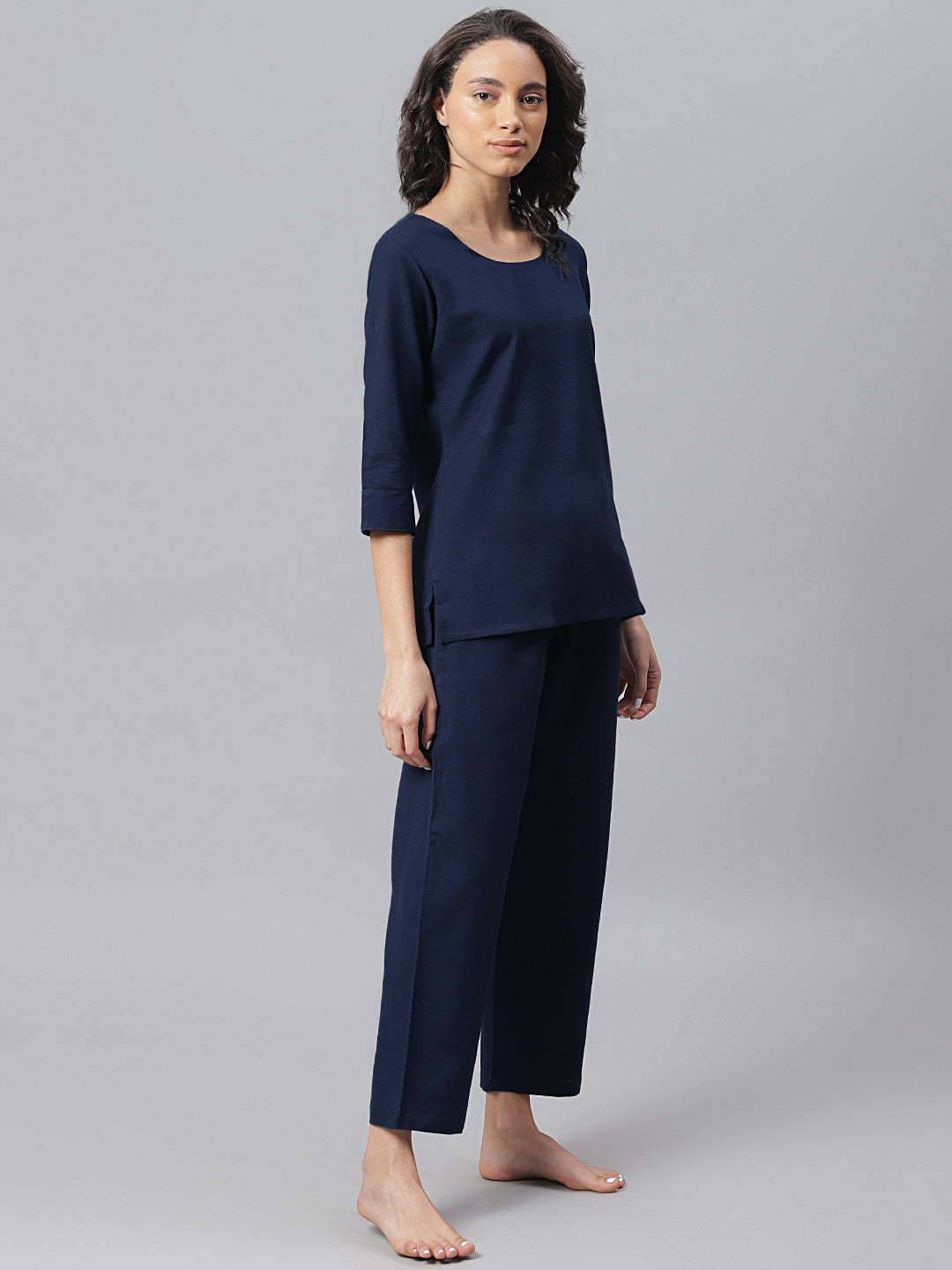 Navy Blue Cotton Flex Night Suit Set - SuratHausBerlin 