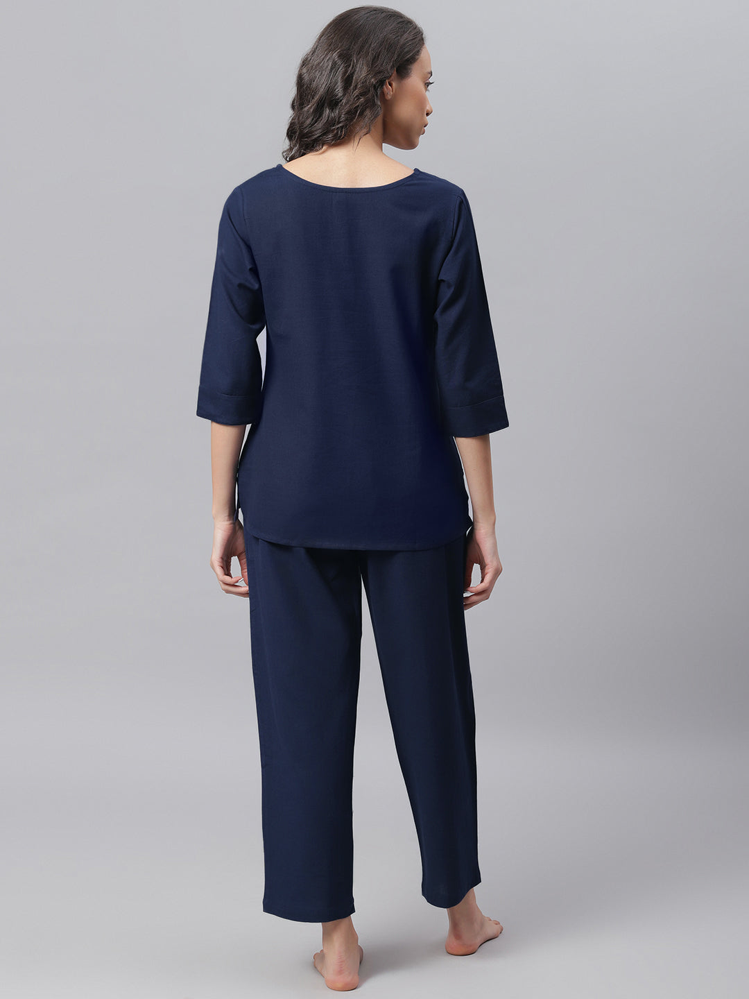Navy Blue Cotton Flex Night Suit Set - SuratHausBerlin 