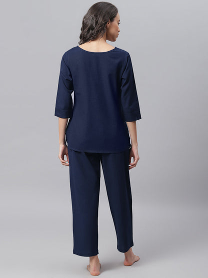 Navy Blue Cotton Flex Night Suit Set - SuratHausBerlin 