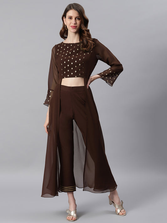 Braunes Georgette-Top mit ethnischen Motiven und Hose