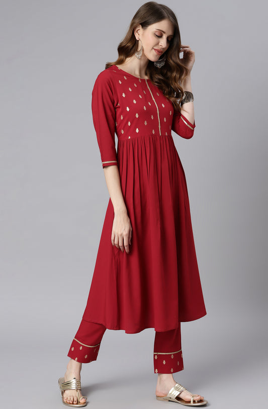 Festive Maroon Crepe Kurta With Pant