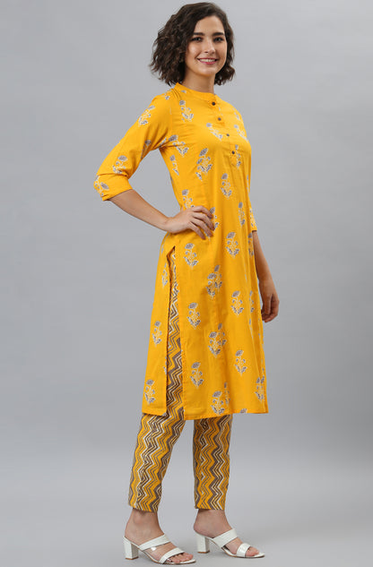 Yellow printed Cotton Kurta With Pant and Dupatta - SuratHausBerlin 